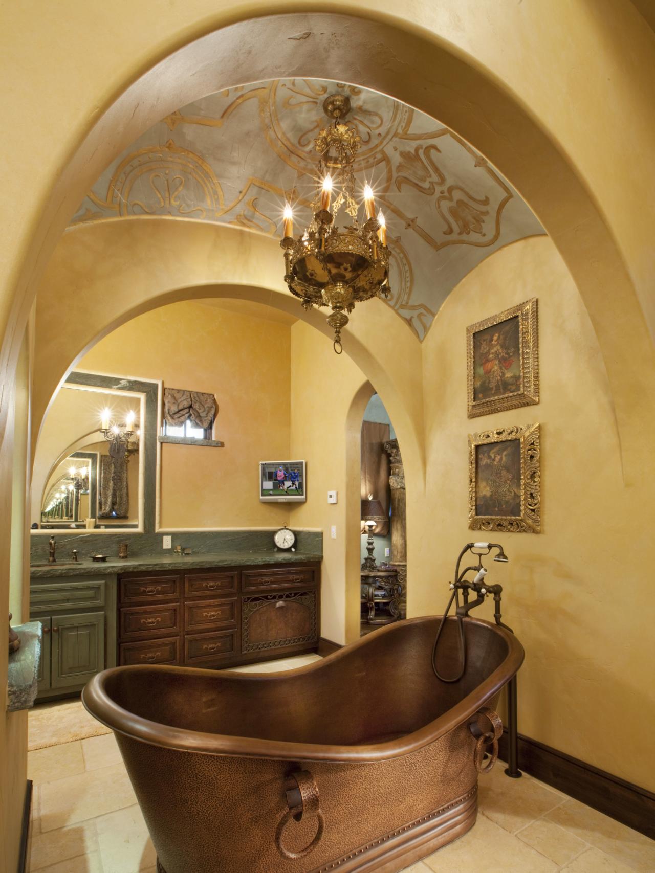 Copper Tub in Elegant Mediterranean Bathroom