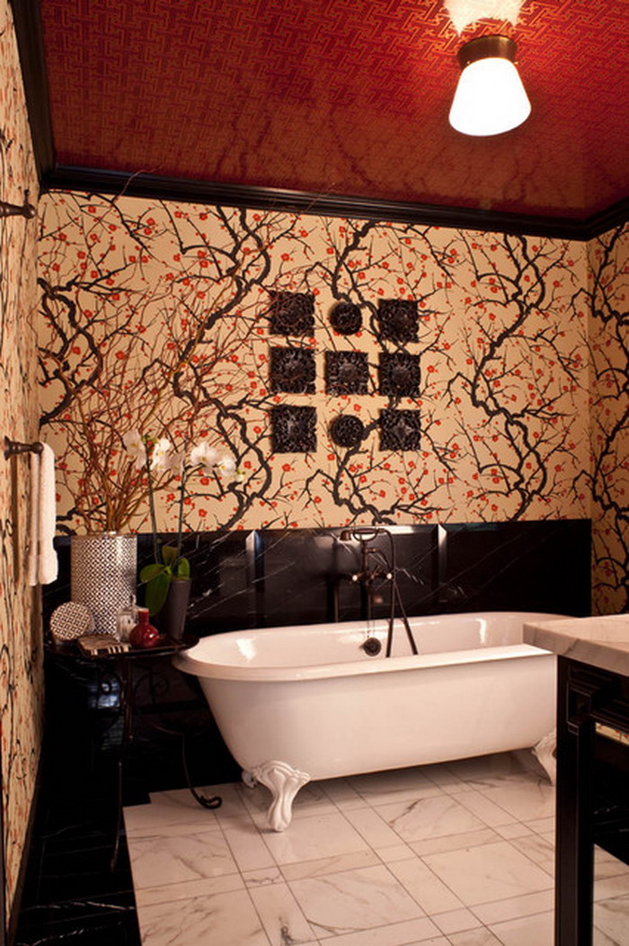 Eclectic Bathroom Design with Flowers Wall Murals