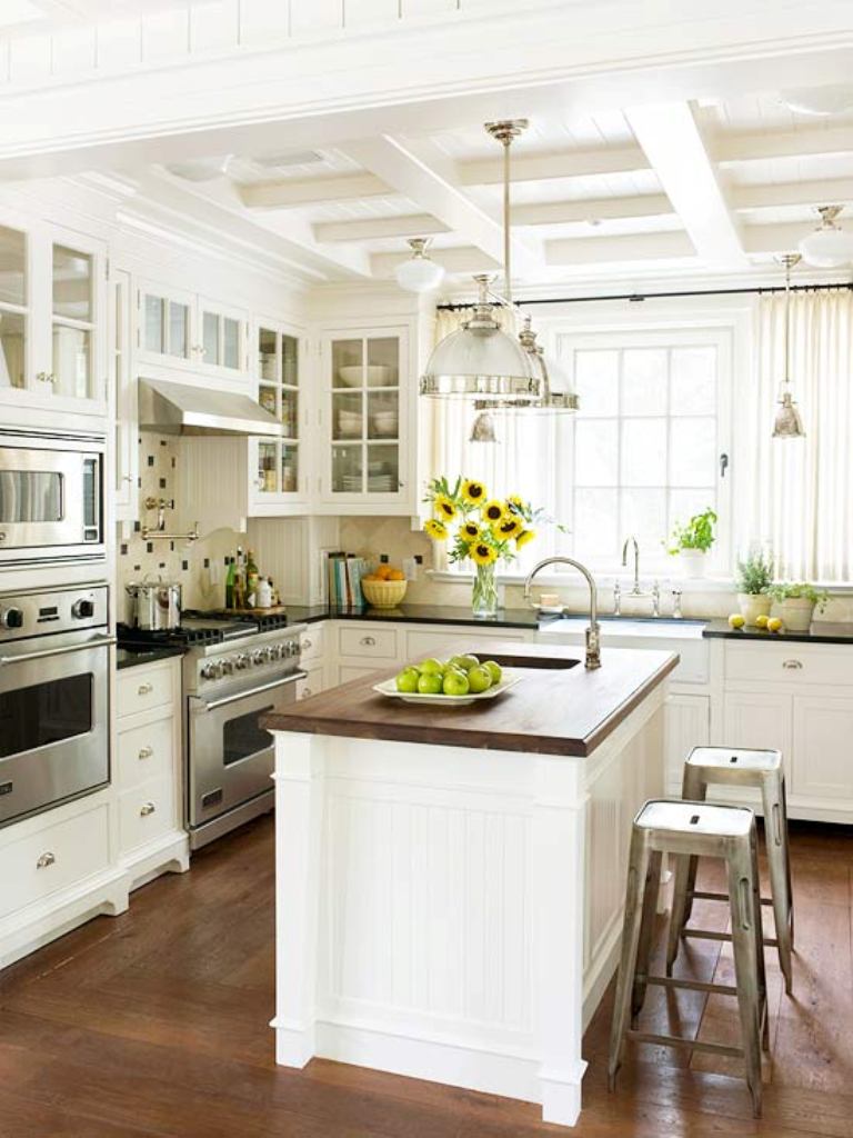 Rustic Kitchen Design With Coffered Ceiling