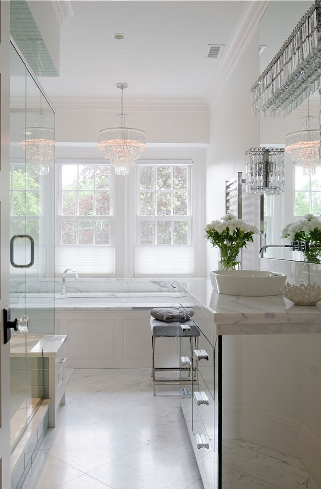 Transitional Bathroom Design with white marble