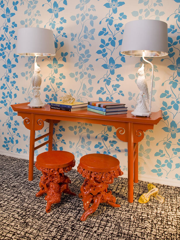 Asian Inspired Home Office with Vibrant Blue Floral Wallpaper