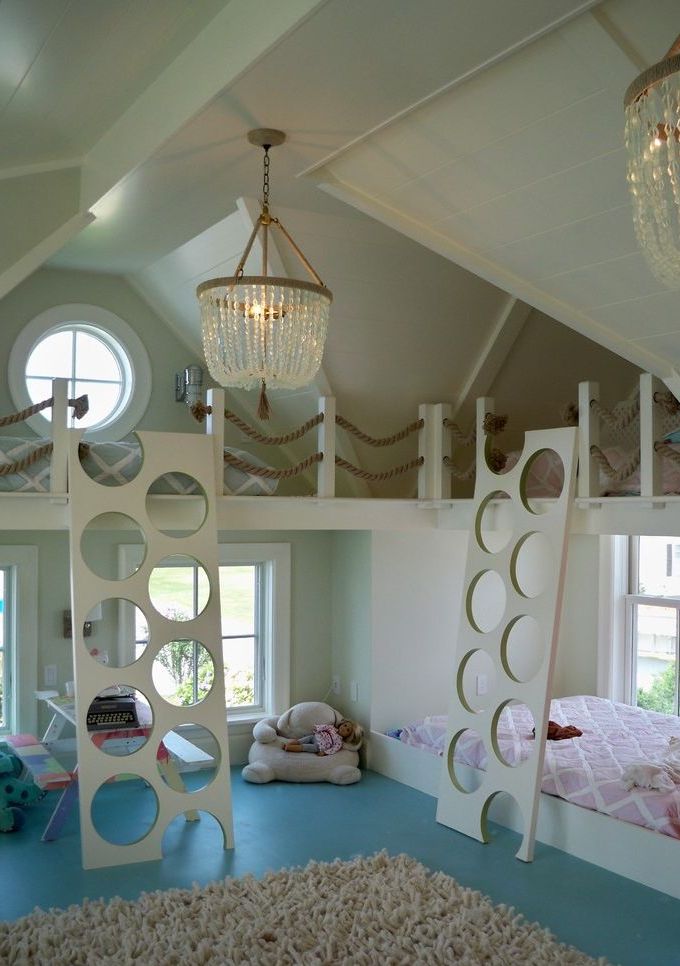 Beach Style Kids Room Design with Lofted Beds