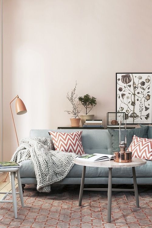Coral and Grey Scandinavian Living Room Design