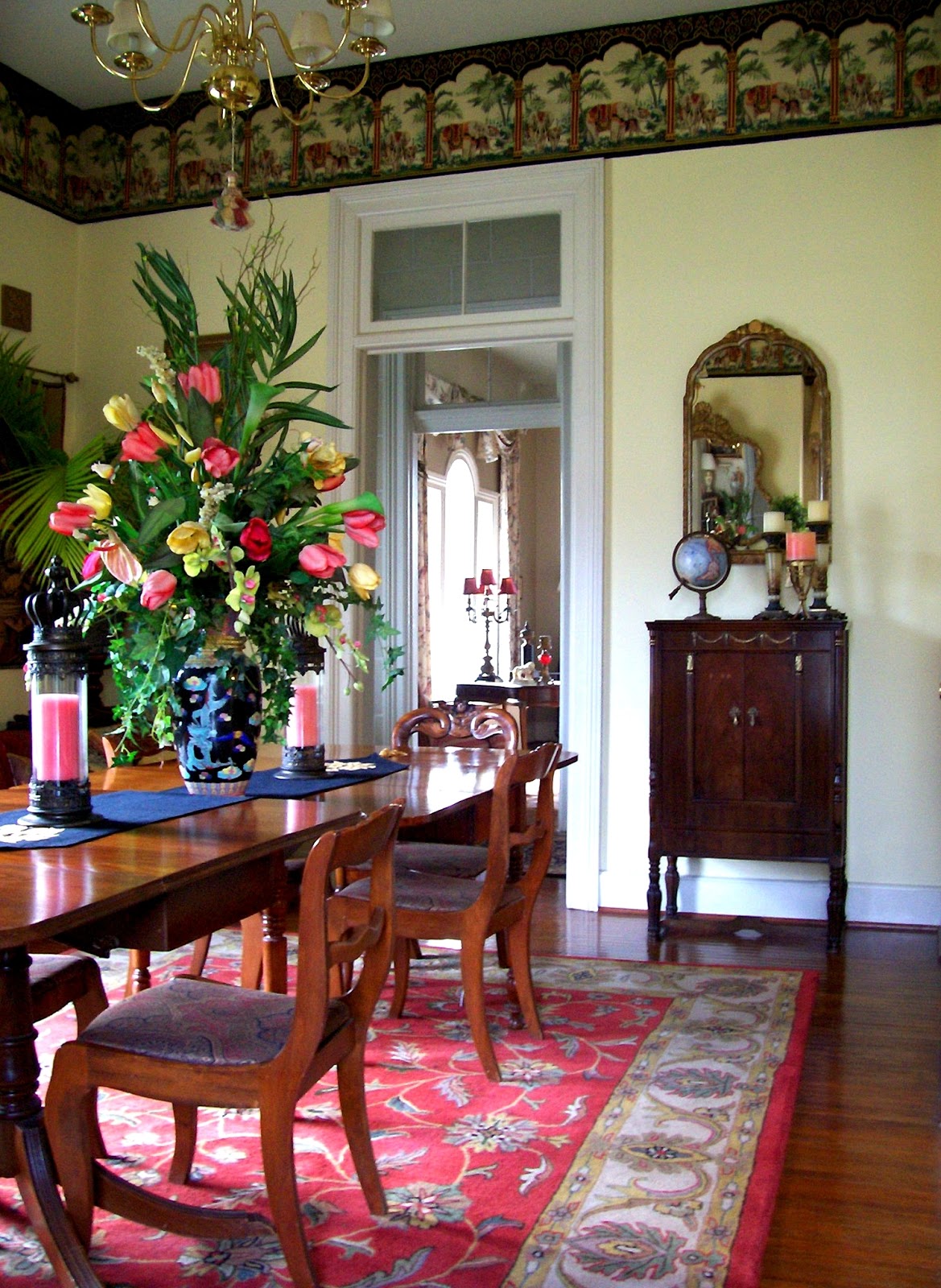 Coral and Yellow Tropical Dining Room Design