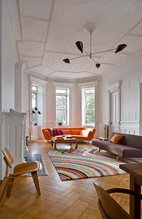 Long Orange Midcentury Living Room Design