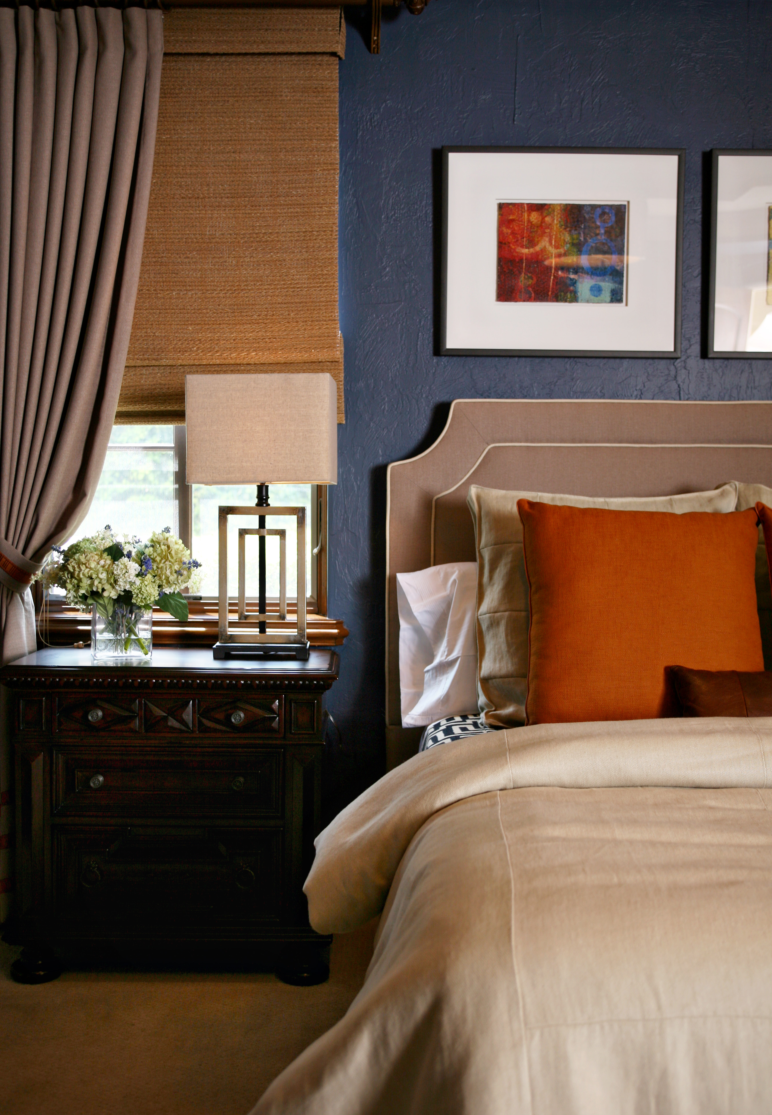 Navy and Orange Traditional Bedroom Design