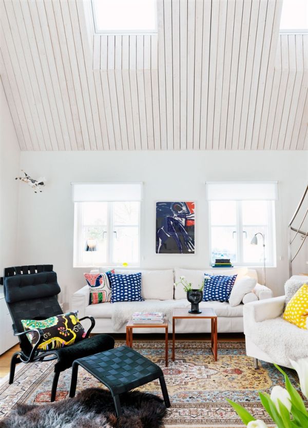 Scandinavian Living Room with Sloped Ceiling