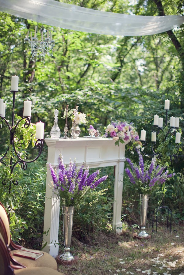 Shabby-Chic Style Outdoor Fireplace Wedding Ceremony