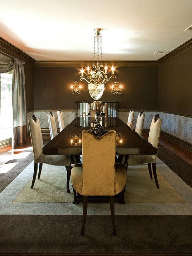Transitional Dining Room Design with Brown Walls