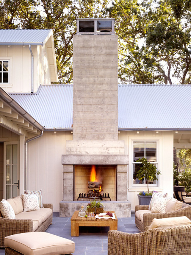 Transitional Outdoor Fireplace Sitting Area Design