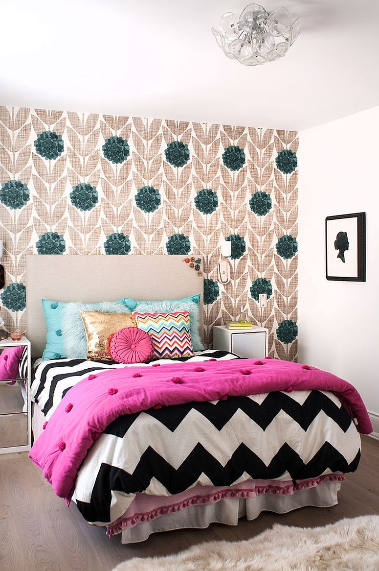 Transitional kids' bedroom with wallpapered