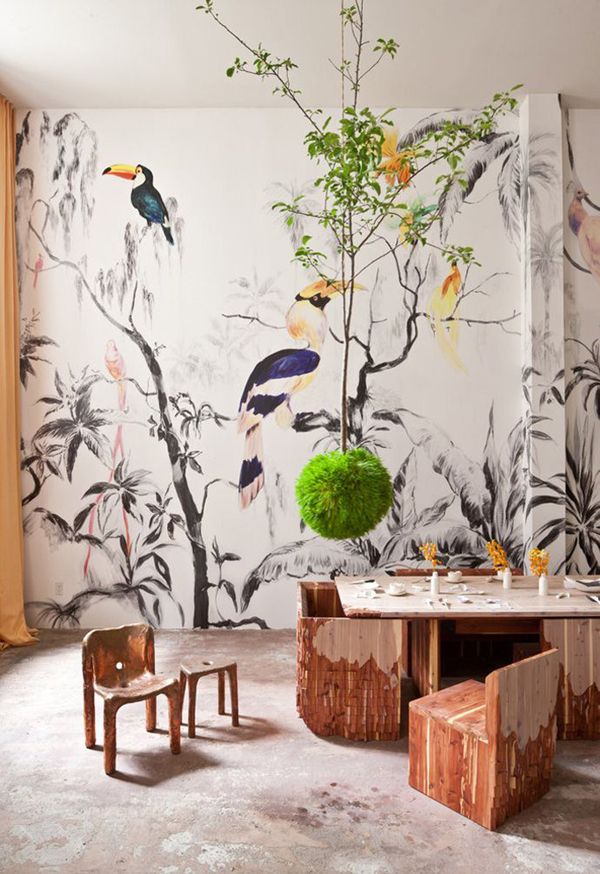 Tropical Dining Room Design With Bird Wall Mural