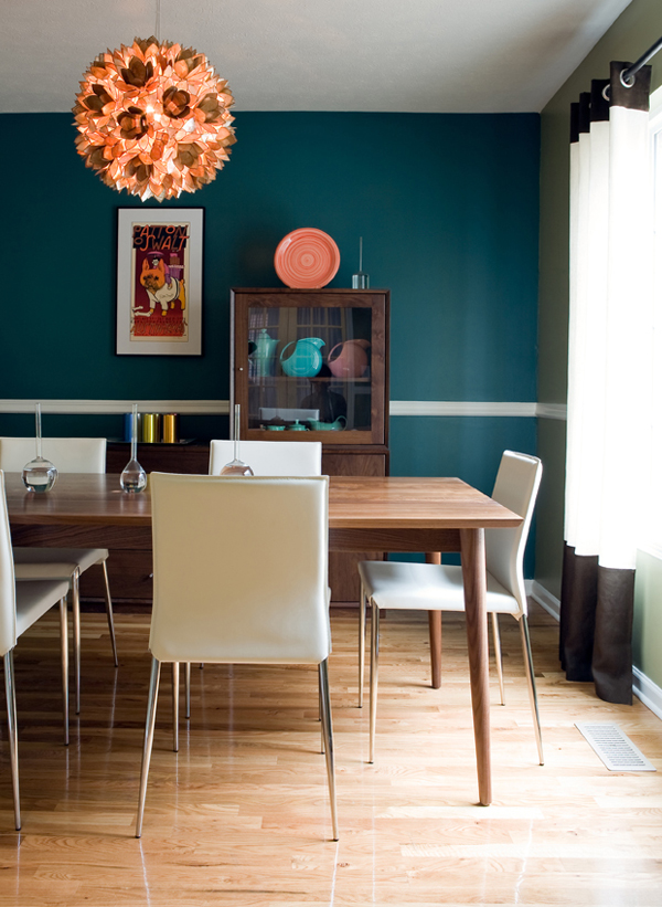 White Ceiling Blue Paint Midcentury Dining Room Design