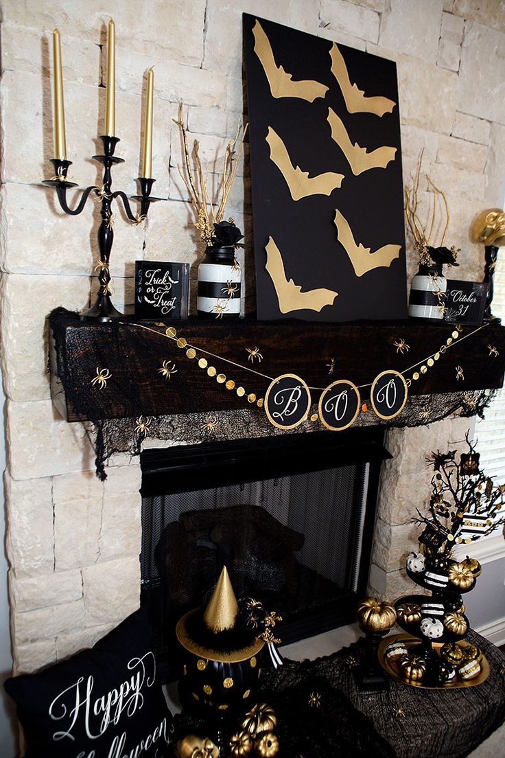 Black and Gold Mantel Halloween Decorations