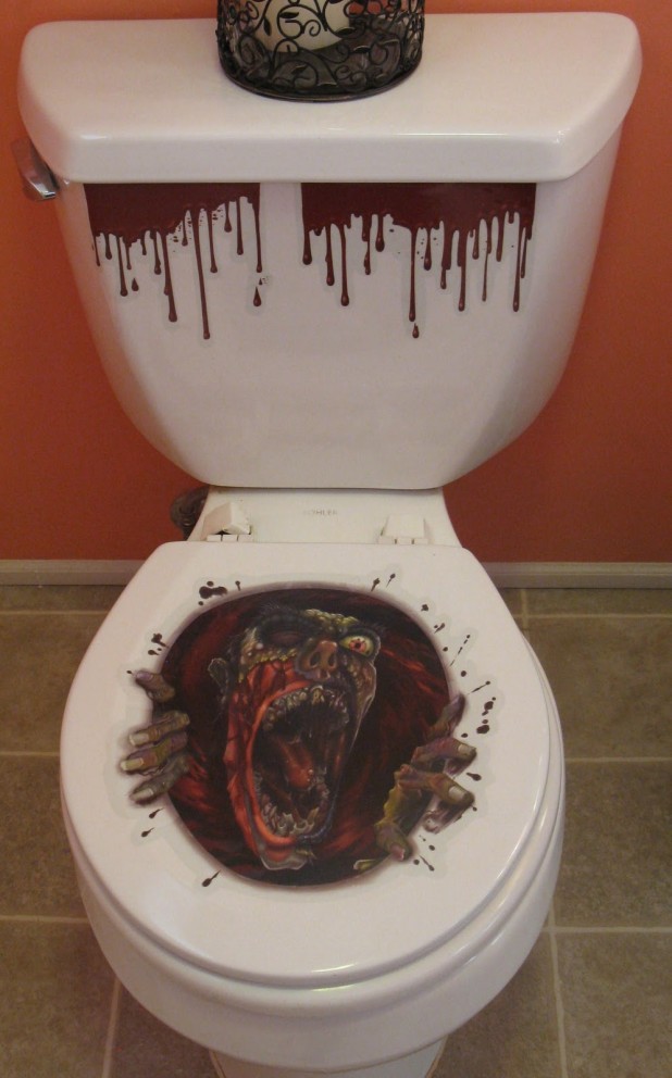 Charming White Ceramic Toilet With Scary Halloween Decorations