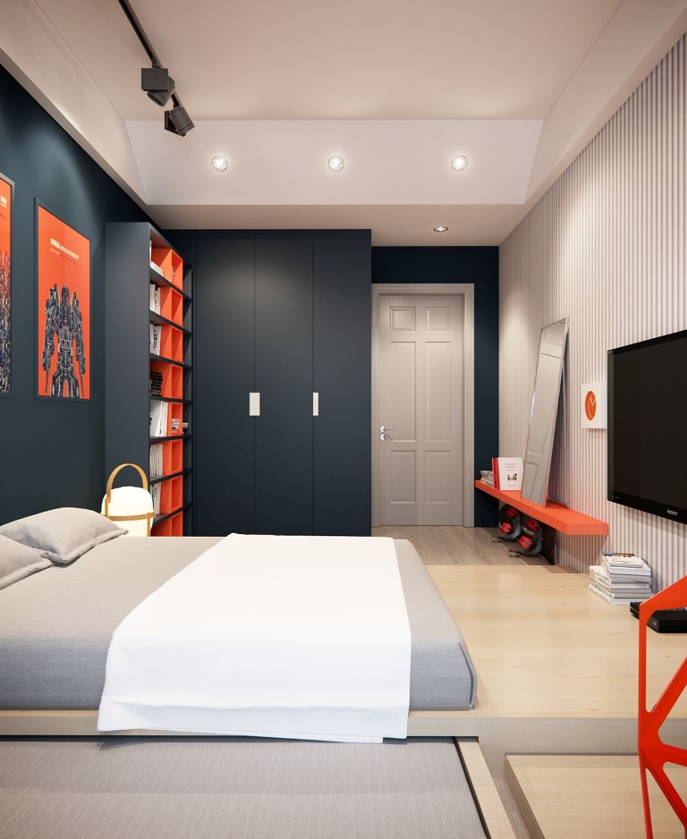 Bedroom Design For Boys Dark Navy Walls