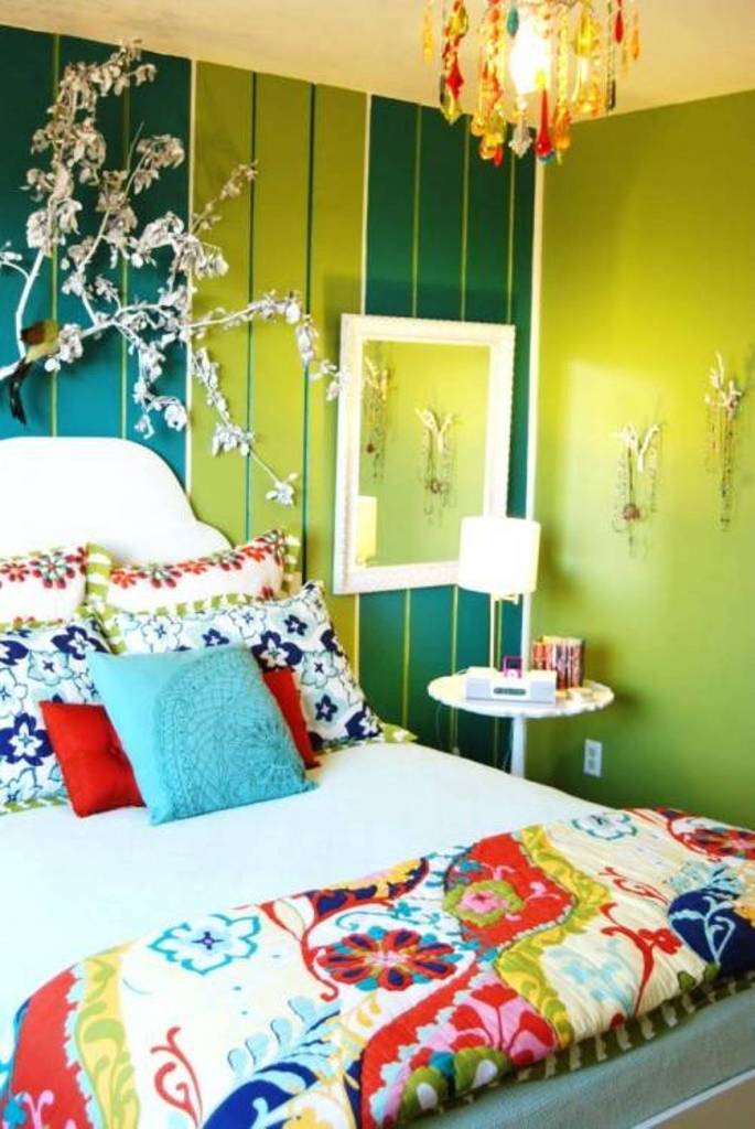Eclectic Bedroom Design With Colorful Bedding And Green Walls