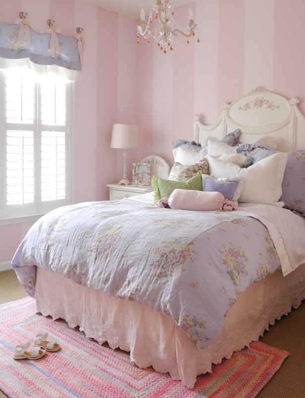 Luxury Vintage Bedroom Ideas White Pink Strips And Chndelier For Girl