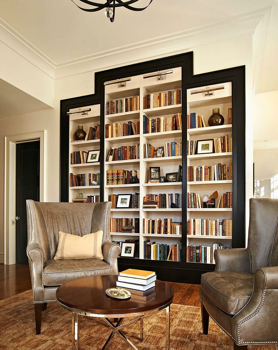 Tall Bookshelf Traditional Basement Design