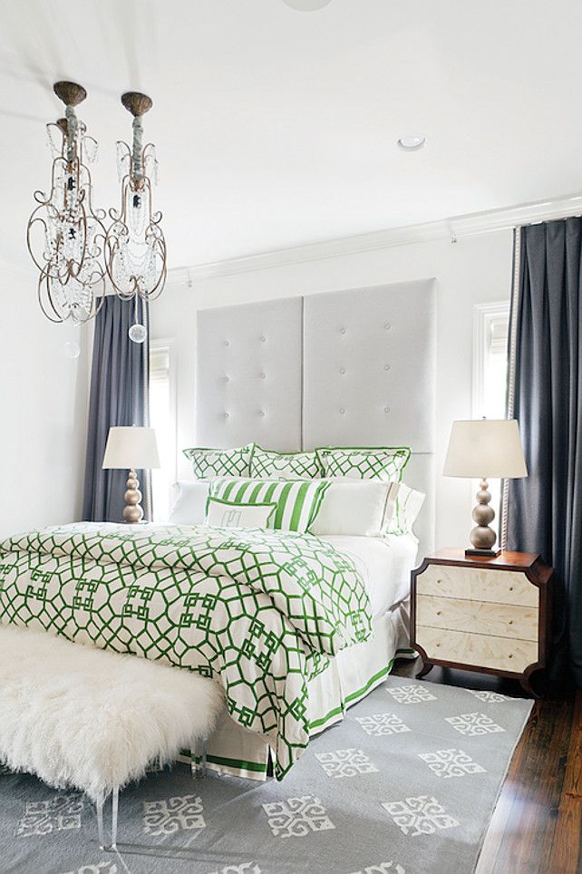 Transitional bedroom with white and green trellis bedding