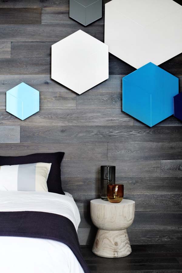 Bedroom Design WIth Hexagon Geometric Wood Wall Tiles