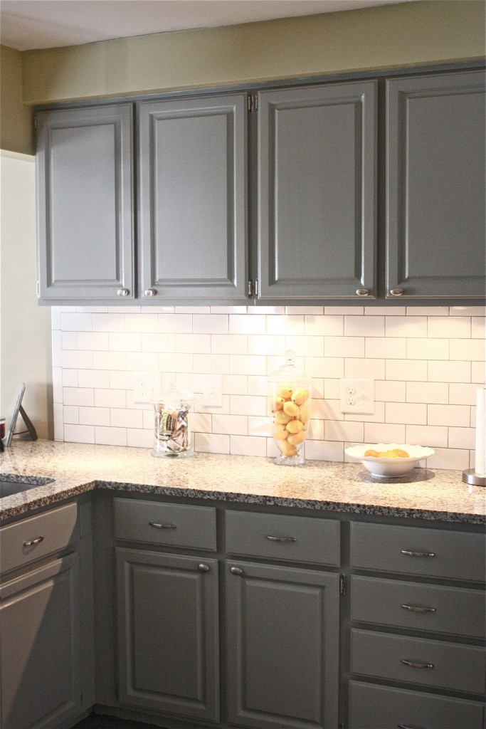 Gray Kitchen Cabinets with White Subway Tile Backsplash