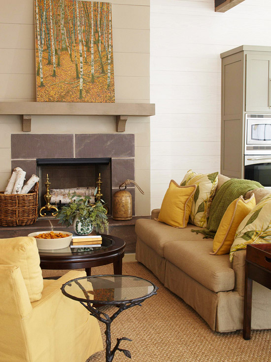 Green and Yellow Living Room Fireplace