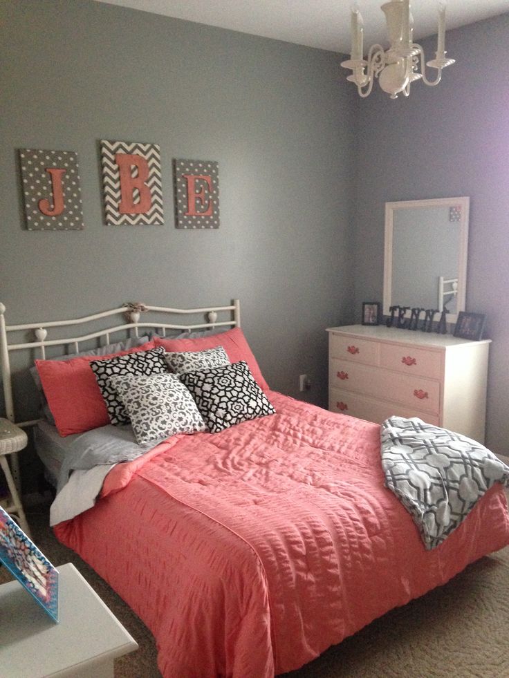 Grey and Coral Bedroom