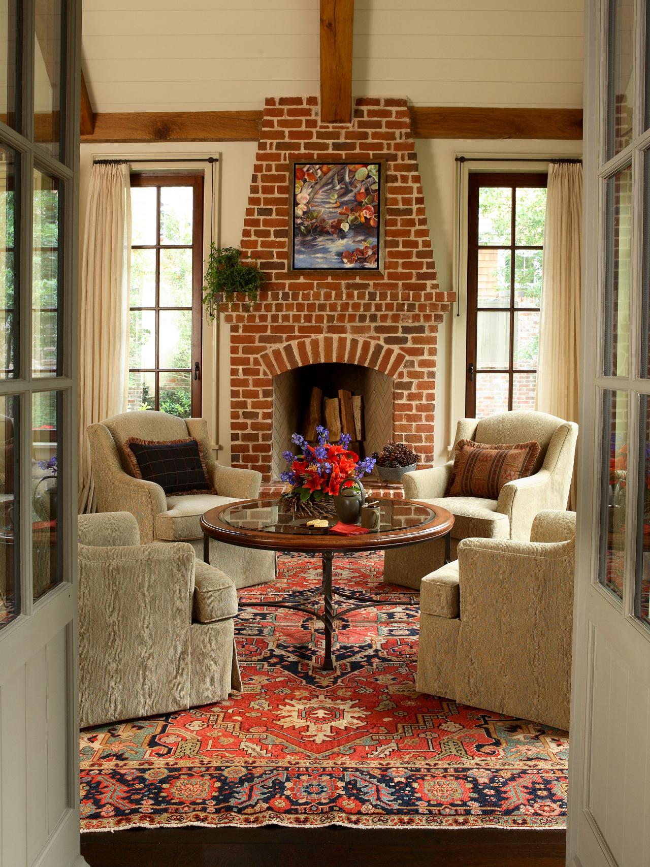 Living Room with Brick Fireplace