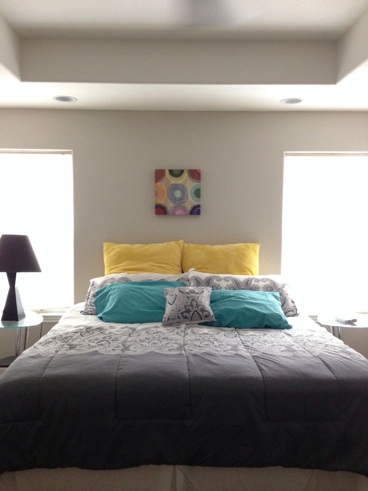 Teal Yellow Grey and White Bedrooms