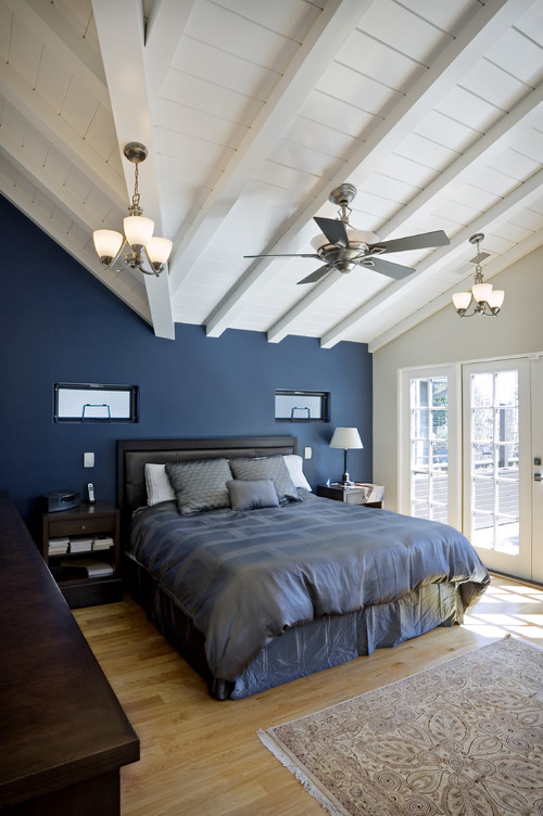 White Ceiling with Dark Blue Bedroom
