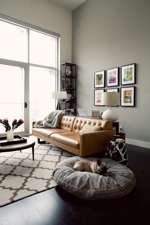grey-walls-and-tan-leather-sofa