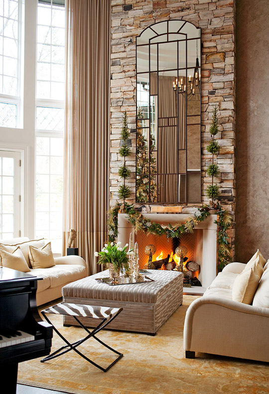 Stacked Stone above Fireplace Mirror