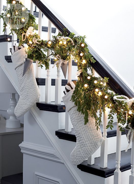 Stockings and Christmas Garland On Staircase