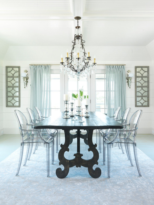 Beach Style Dining Room Design with Ghost Chairs
