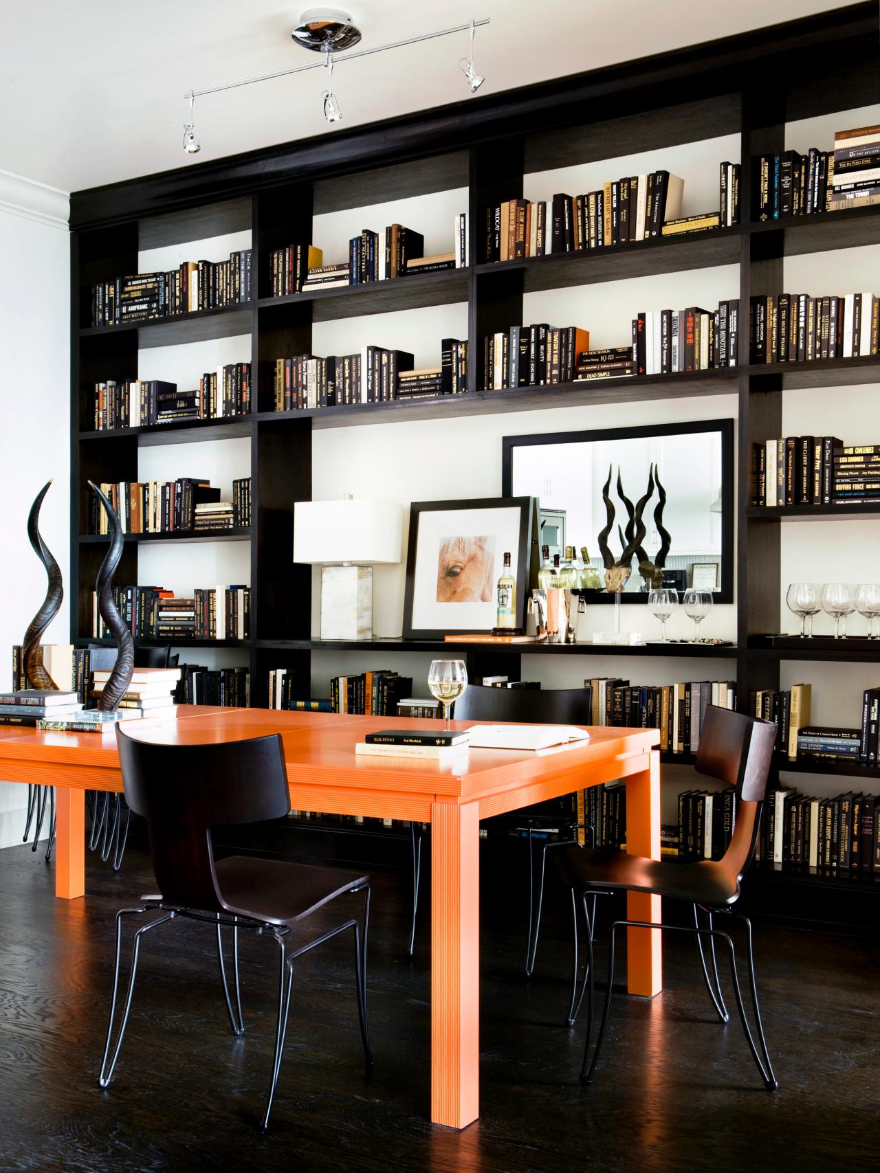 Craftsman Home Office Design With Orange Desk