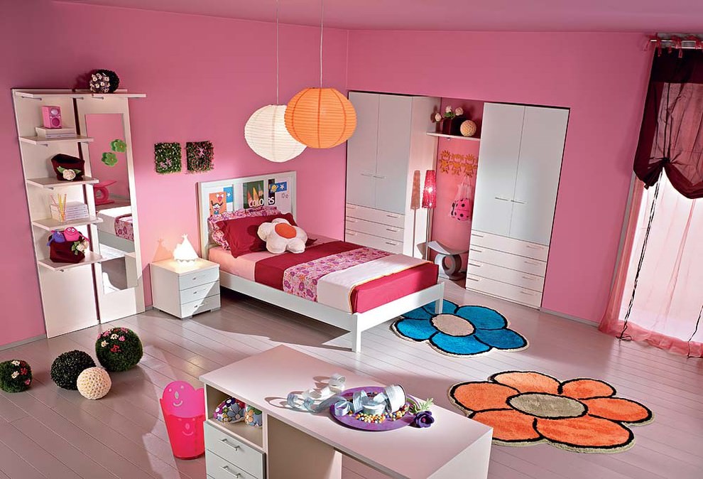 Pink Color Midcentury Kids Room Design