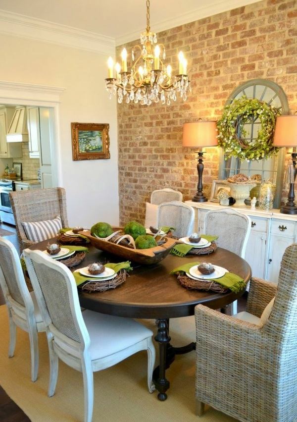 Rustic dining room with green accents