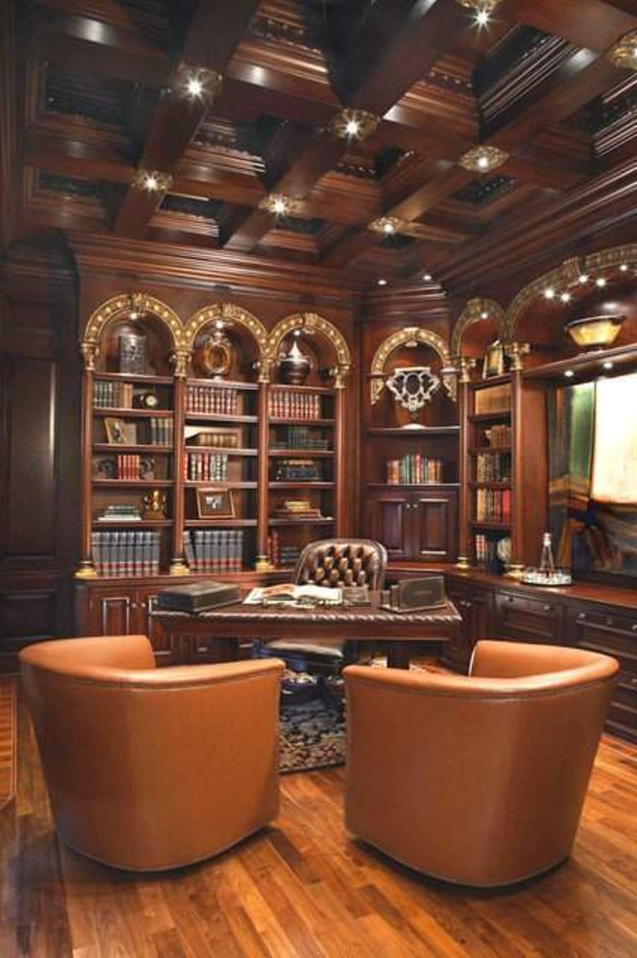 Traditional Home Office Design With Wooden Coffered Ceiling