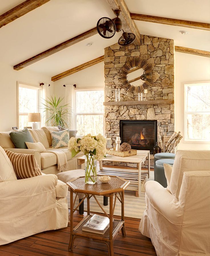 Wood Beamed Ceilings Farmhouse Living Room Design