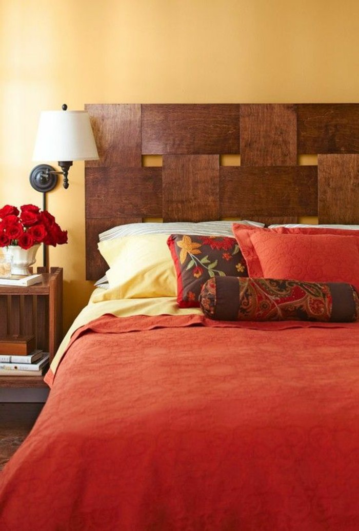 Red Bedroom Design with Dark Wood