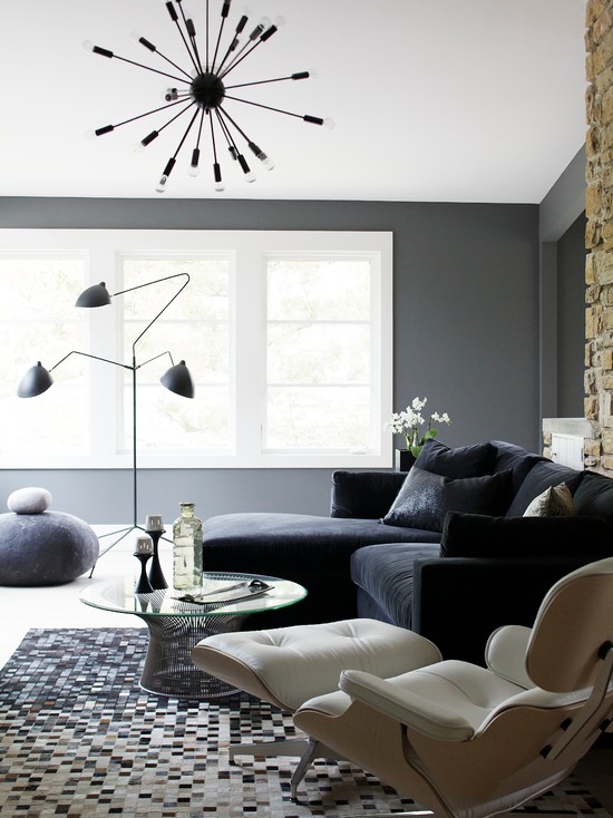 Living Room with Black Leather Sofa