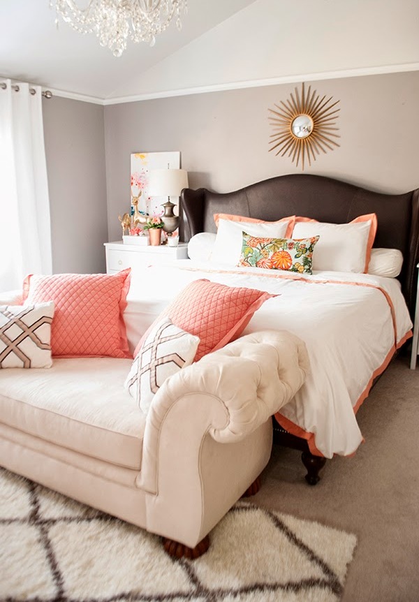 White Gold and Coral Bedroom