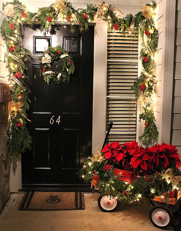 Front Porch Decorating for Christmas with Red Wagon